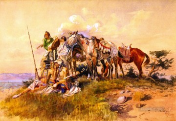 アメリカインディアン Painting - 合図を待っている 1907 年 チャールズ マリオン ラッセル アメリカ インディアン